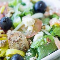 Grilled Chicken Greek Salad · Lettuce, tomato, onions, green peppers, black olives, cucumbers, feta cheese with Greek dres...