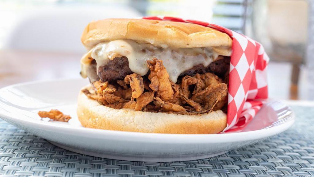 The Chex Burger Combo · Served with sauteed mushrooms, fried onion strings, provolone and mayo.