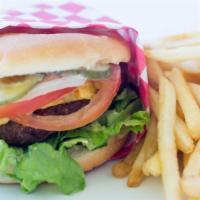Angus Cheeseburger · Thick and juicy with lettuce, tomato onions, pickle and mayo.