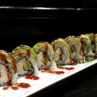 Caterpillar Roll · Eel, imitation crab and avocado roll topped with avocado and eel sauce.