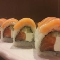 Salmon Lover Roll · Salmon, cream cheese, & avocado roll topped w/ salmon & soy mustard sauce