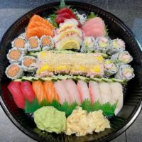 Party Tray A (Party For 2) · Chef’s choice of 12 pieces Sashimi,10 pieces of Sushi,2 Maki roll, 1 Special roll