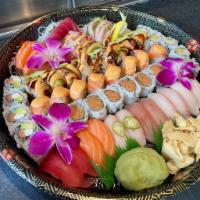 Party Tray B (Party For 3) · Chef’s choice of 16pieces Sashimi,12pieces of sushi,3maki roll,2 special roll 