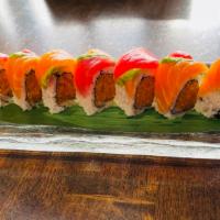 Pink Lady Roll · Spicy crunch tuna with tuna, salmon and avocado on the top. Six to eight piece. 