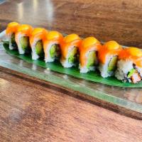 Sunshine Roll · Crabmeat, avocado and crunchy topped with sliced salmon and spicy mayo sauce. Six to eight p...
