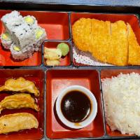 Dinner Bento Box · Your choice of entree served with white rice, gyoza and a California roll. Served with miso ...