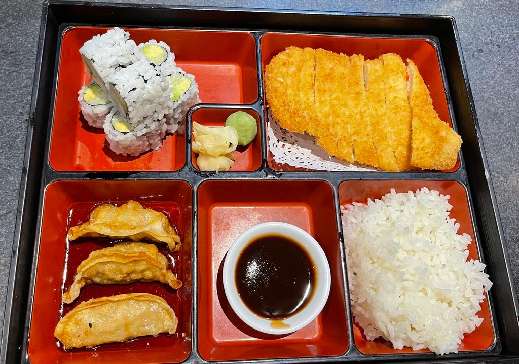 Dinner Bento Box · Your choice of entree served with white rice, gyoza and a California roll. Served with miso soup and house salad. 