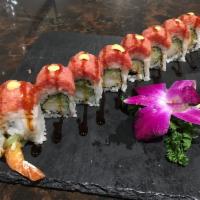 R35. Red Dragon Roll · Tempura shrimp, cucumber top with spicy tuna.