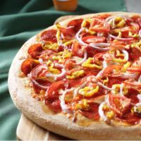 Danté’s Peak Pizza · Pepperoni, sausage, banana peppers, red onions, tomatoes, Wisconsin cheese blend, and origin...
