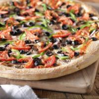 Veggie Deluxe Pizza · Mushrooms, red onions, green peppers, black olives, tomatoes, Wisconsin cheese blend, and or...