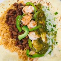 Camaron Burrito · Grilled shrimp with bell peppers and grilled onions, mexican rice, pinto beans, raw onions, ...