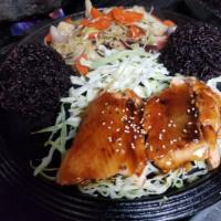 Salmon Teriyaki · with pan grilled Vegetable, rice, 2pcs gyoza