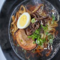SHOYU Ramen · Pork Chashu, Kikurage, bean sprouts, green onion, bamboo shoot and half seasoned egg