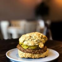 Sausage, Egg, and Cheese Biscuit Sandwich · House cheese, Cali's sausage, and chickpea egg serve on our thick cheddar biscuit. Contains ...