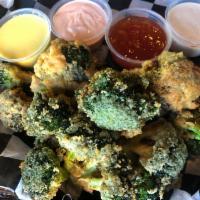 Fat Broccoli Flight · lightly battered deep-fried broccoli florets, served with a choice of 4 dipping sauces