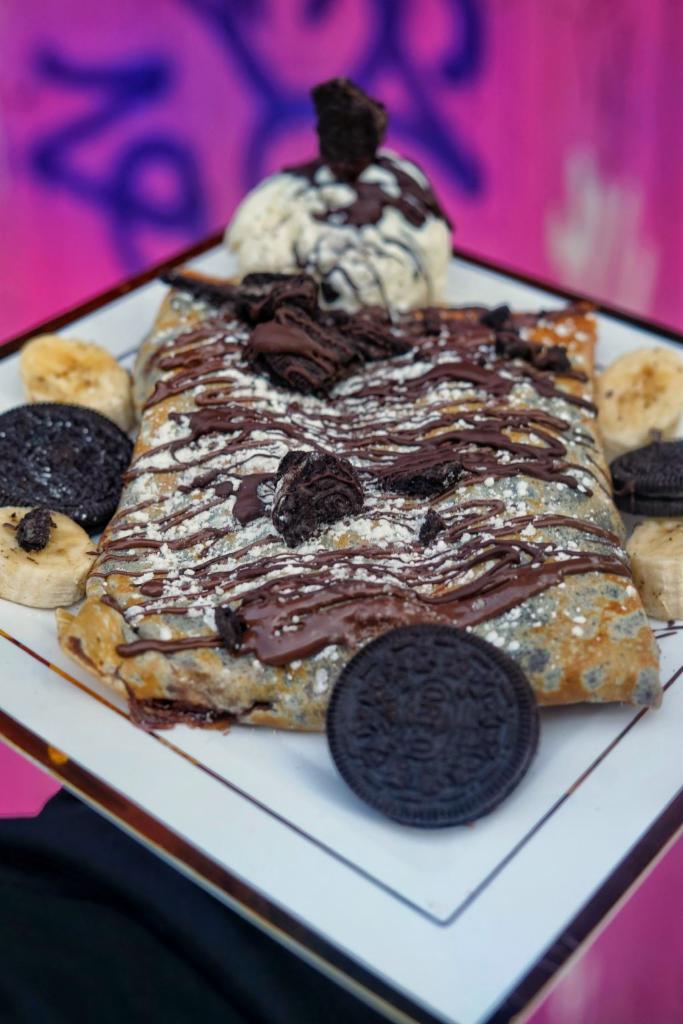 Oreo Cookie Crepe · Oreo cookies, Nutella, banana and vanilla ice cream.
