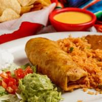 Chimichanga  · Deep fried flour tortilla filled with ground beef and cheese. Served with rice, beans, guaca...