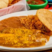 Senorita · 1 cheese enchilada, 1 tamale covered with gravy and cheese, 1 crispy taco, served with rice ...