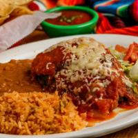 Chile Relleno · Poblano pepper stuffed with spiced ground beef, chicken, beef fajita or grilled shrimp cover...