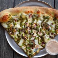 Vegetarian Pesto Slice · Spinach, green peppers, mushrooms and onions with a basil pesto sauce drizzle. 