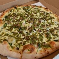 Vegetarian Pesto Specialty Whole Pie · Spinach, green peppers, mushrooms and onions with a basil pesto sauce drizzle.  