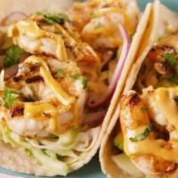 Grilled Shrimp Tacos  · lemon dill sauce, pico de Gallo, shredded lettuce