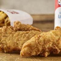 Kids Crispy Chicken Strips · Two chicken strips, dipping sauce, served with fries, drink.