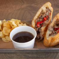 Tri Tip French Dip · Shaved roasted Tri Tip with grilled onions,  peppers, S & P aioli and melted provolone on a ...