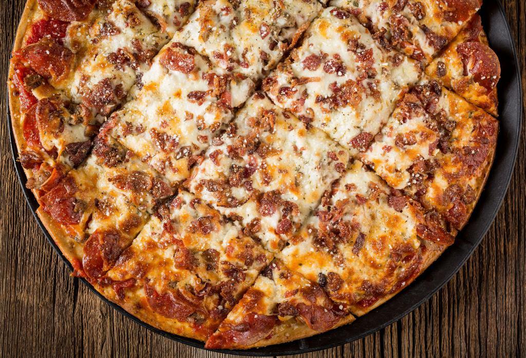 Meat Mania Pizza · Gourmet Italian sausage, meatball & pepperoni with bacon on top.