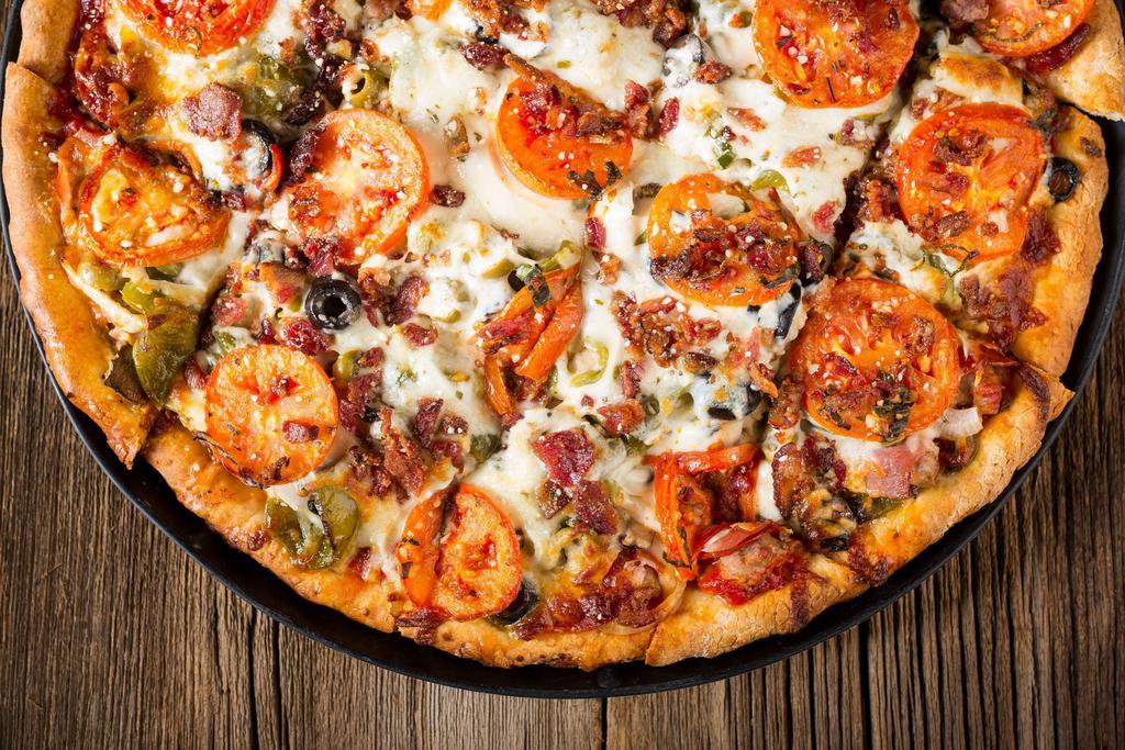 Rosati's Monster · Gourmet Italian sausage, meatball, pepperoni, Canadian bacon, onion, black & green olives, mushroom & green pepper with tomato and bacon on top of a thin crust with a rolled edge.