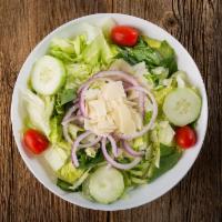 Side Salad · Romaine & iceberg lettuce, spinach leaves, cucumbers, grape tomatoes, red onion & shaved Asi...