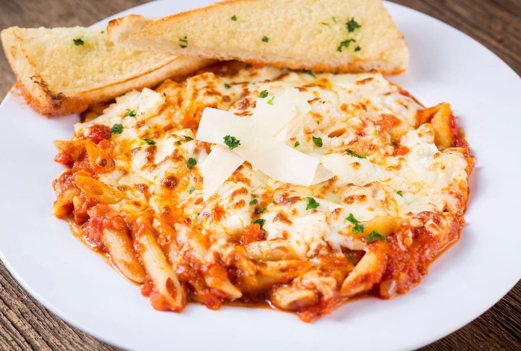3 Cheese Baked Penne · A hearty pasta dish smothered in our homemade marinara sauce then baked with ricotta, mozzarella and Asiago cheeses and topped with fresh parsley.