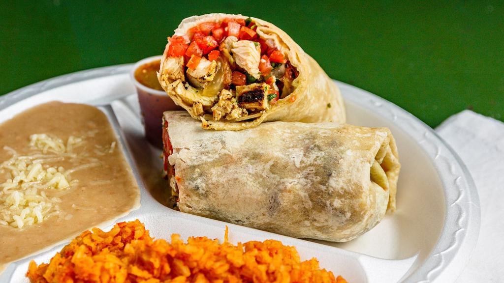 The Mesa Combo · Char grilled chicken burrito.
12 inch flour tortilla, char-grilled chicken, guacamole puree, carmelized onions, pico de gallo, diced roasted jalapenos, and tomatillo & fire roasted tomato salsa.

Combo includes burrito, Mexican rice, refried beans, and a 24 oz. fountain drink.