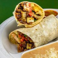 The Tempe (Carne Asada and Potato Burrito) · 12-inch flour tortilla, carne asada, diced sauteed potatoes, guacamole puree, caramelized on...