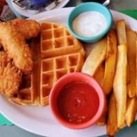 Chicken and  Waffle · Served with your choice of chicken strips or chicken wings and french fries.