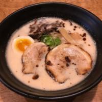 R1 Tonkotsu Ramen · Pork soup base: chashu pork, green onion, half-boiled egg, kikurage mushroom, garlic oil.