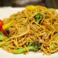 Spicy Yaki Soba with Soy Fish · Stir fried yaki soba noodles with fresh chili, bell pepper, broccoli, mushrooms, onions and ...