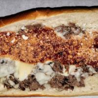 Steak Pizzaiola Hot Sub · Seasoned steak topped with melted cheese, our homemade marinara sauce and a dusting of Parme...