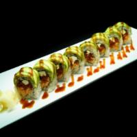 Green roll · Spicy tuna, spicy crab, cream cheese and tempura flakes inside with avocado and eel sauce on...