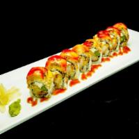 Fancy roll · Cream cheese, tempura crab, tempura asparagus inside; kiwi and strawberry on top with eel sa...