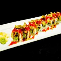 Fire Dragon Roll · Raw. Avocado, eel, and asparagus inside, spicy tuna and jalapeno on top with eel sauce.