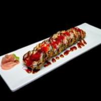 Tempura Roll · Spicy crab, jalapeno, cream cheese, and tempura shrimp inside, deep-fried with tobiko and ee...
