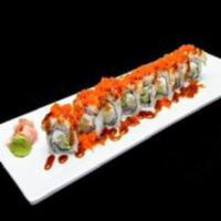 Sisi Roll · Crab, avocado, cream cheese, and cucumber inside, deep-fried super white tuna on top with ee...