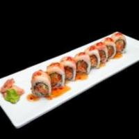 Red Bull Roll · Raw. Salmon with cucumber and spicy crab inside, red snapper on top with sweet chili sauce a...