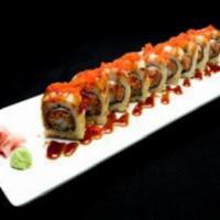 Angel Roll · Raw. Tempura shrimp, cream cheese, and spicy crab inside, deep-fried with white tuna on top ...