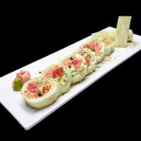 Moonlight roll · Salmon, tuna, red snapper, jalapeno, avocado and spicy crab wrapped by cucumber with ponzu s...