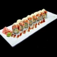 Derby Roll · Tempura shrimp, cucumber and avocado inside, spicy crab on top with eel sauce and crunch.