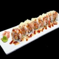 King Kani Roll · Spicy crab, tempura shrimp inside, crab meat on top with eel sauce and spicy mayo sauce.