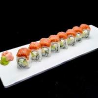 Volcano Roll · Crab, cream cheese and avocado inside, spicy tuna on top.