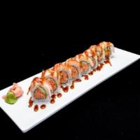 Red Dragon Roll · Spicy crab and avocado inside, regular crab on top with eel sauce, spicy mayo sauce and crun...